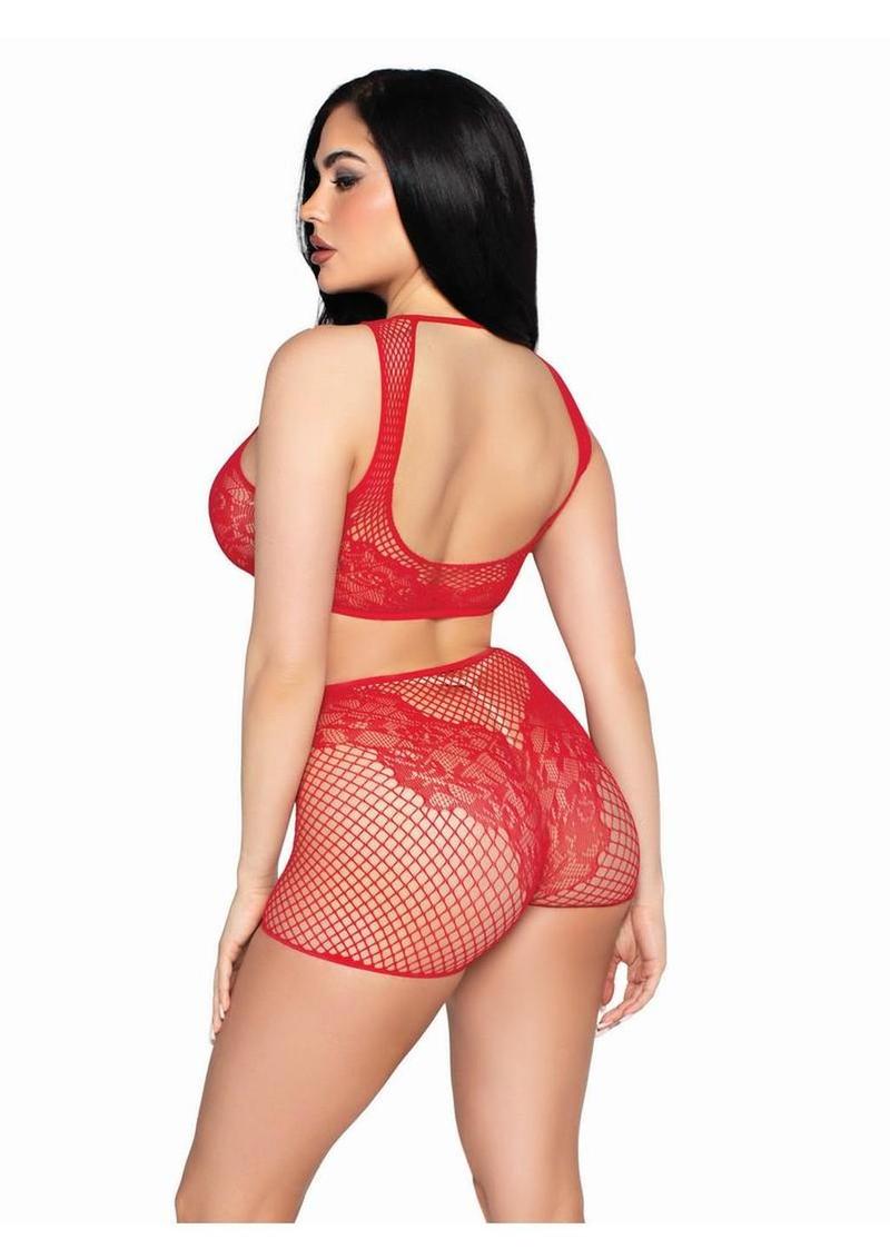 Leg Avenue Net and Lace Crop Top and Matching Boy Shorts (2 Piece) - Os