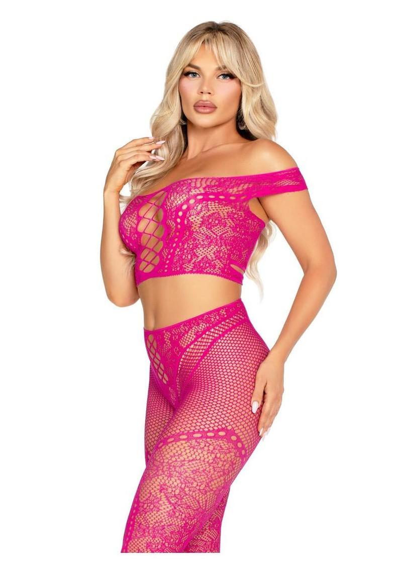 Leg Avenue Net and Lace Off-The-Shoulder Crop Top and Footless Tights
