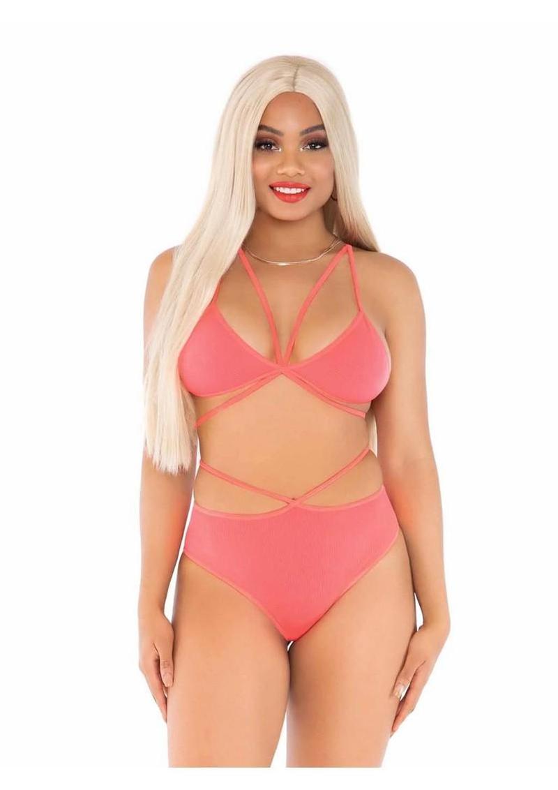 Leg Avenue Opaque Cage Strap Bra Top and Strappy Brazilian Briefs