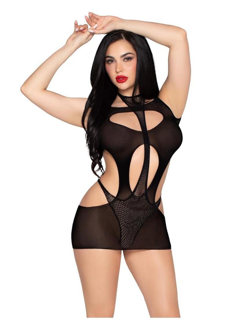 Leg Avenue Opaque Cut-Out Mini Dress and Layered Fishnet Halter Teddy