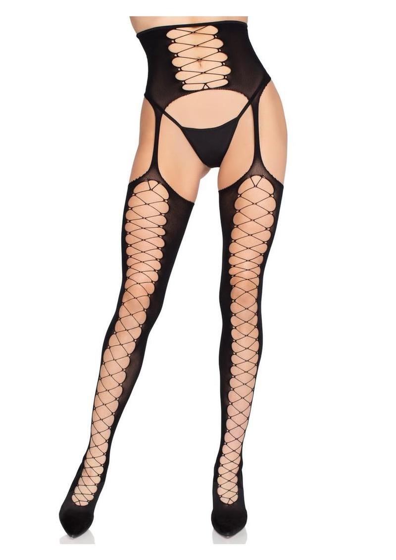 Leg Avenue Opaque Faux Lace-Up Stockings with Attached Waist Cincher Garter Belt