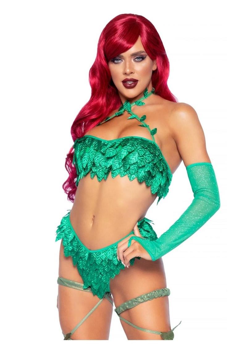 "Leg Avenue Poison Temptress Leafy Halter Top with Corset Lace Up Back, Leafy Panty, and Sleeves"