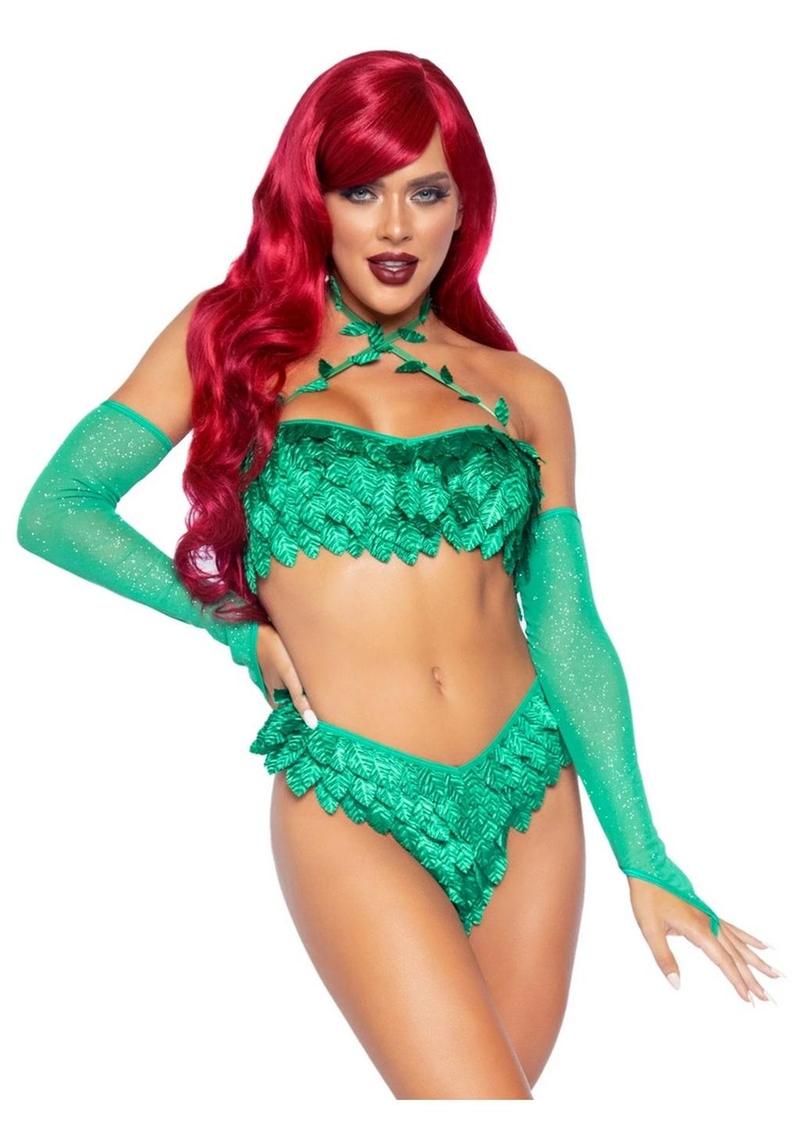 "Leg Avenue Poison Temptress Leafy Halter Top with Corset Lace Up Back, Leafy Panty, and Sleeves"