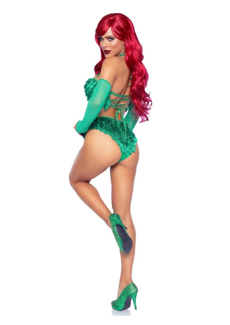 "Leg Avenue Poison Temptress Leafy Halter Top with Corset Lace Up Back, Leafy Panty, and Sleeves"