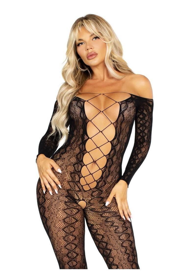 Leg Avenue Python Net Crotchless Footless Lingerie Jumpsuit with Faux Lace Up Detail