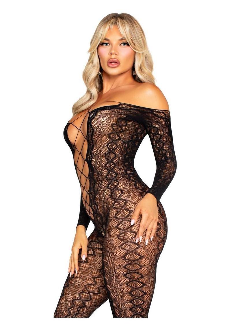 Leg Avenue Python Net Crotchless Footless Lingerie Jumpsuit with Faux Lace Up Detail