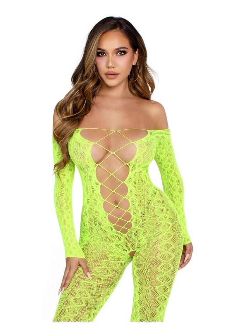 Leg Avenue Python Net Crotchless Footless Lingerie Jumpsuit with Faux Lace Up Detail