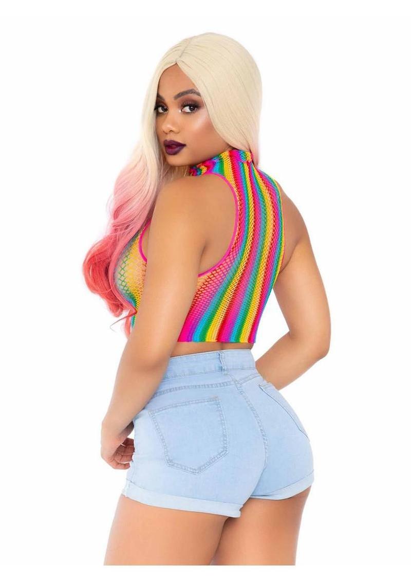 Leg Avenue Rainbow Net High Neck Crop Top