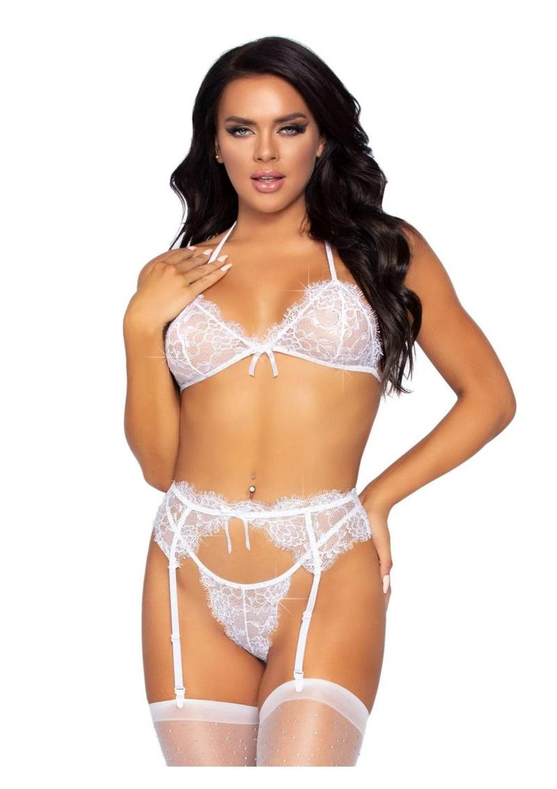 Leg Avenue Rhinestone Eyelash Lace Bra Top Garter Belt and G-String
