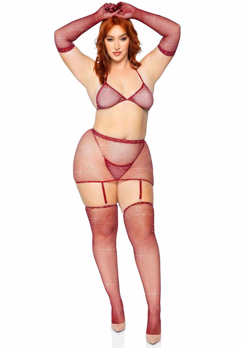 "Leg Avenue Rhinestone Fishnet Garter Skirt Set with Bikini Top, G-String, Gloves and Matching Stockings"
