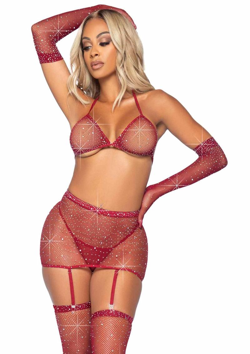 "Leg Avenue Rhinestone Fishnet Garter Skirt Set with Bikini Top, G-String, Gloves and Matching Stockings"