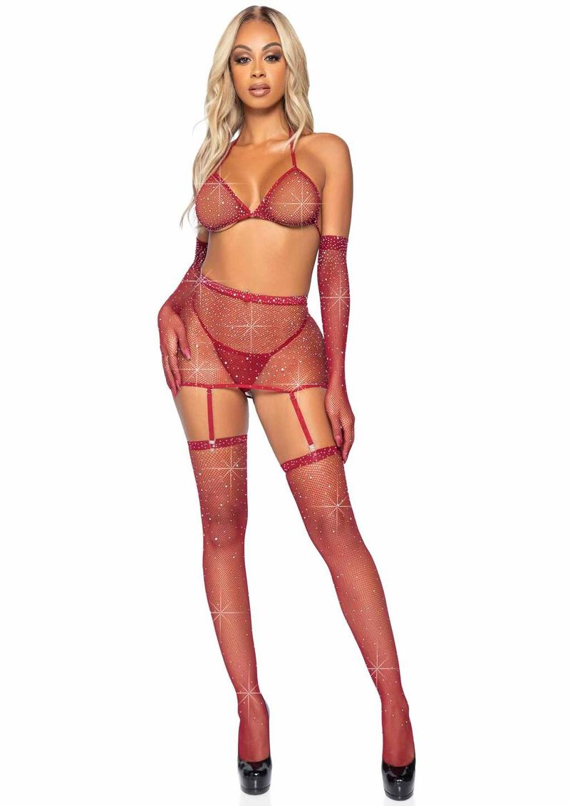 "Leg Avenue Rhinestone Fishnet Garter Skirt Set with Bikini Top, G-String, Gloves and Matching Stockings"