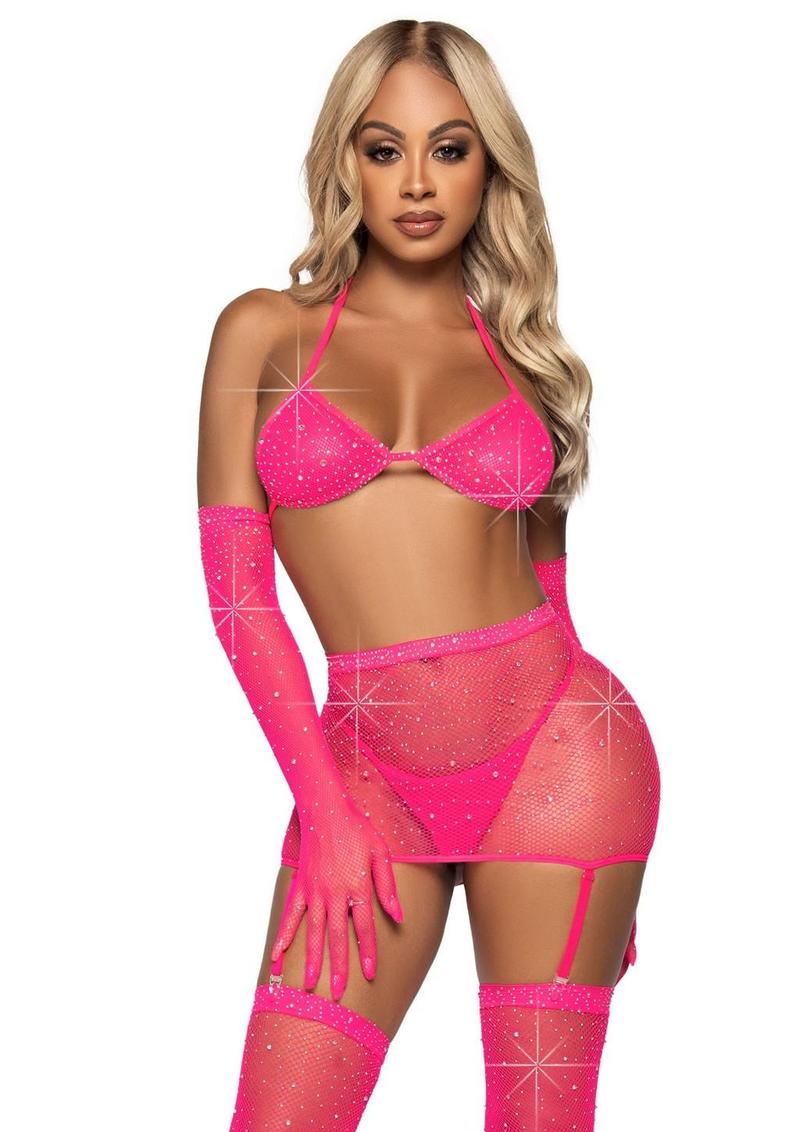 "Leg Avenue Rhinestone Fishnet Garter Skirt Set with Bikini Top, G-String, Gloves and Matching Stockings"