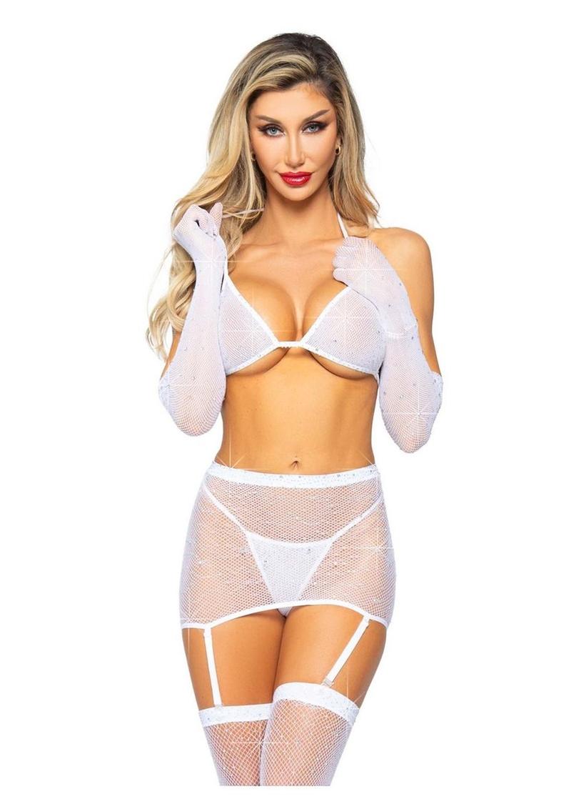 "Leg Avenue Rhinestone Fishnet Garter Skirt Set with Bikini Top, G-String, Gloves, and Matching Stockings"