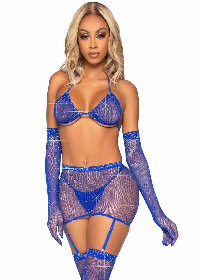 "Leg Avenue Rhinestone Fishnet Garter Skirt Set with Bikini Top, G-String, Gloves and Matching Stockings"