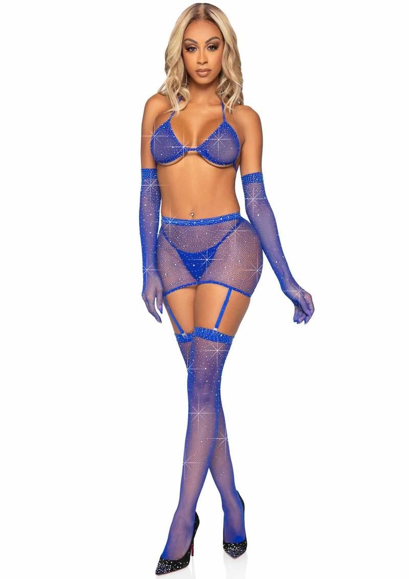 "Leg Avenue Rhinestone Fishnet Garter Skirt Set with Bikini Top, G-String, Gloves and Matching Stockings"