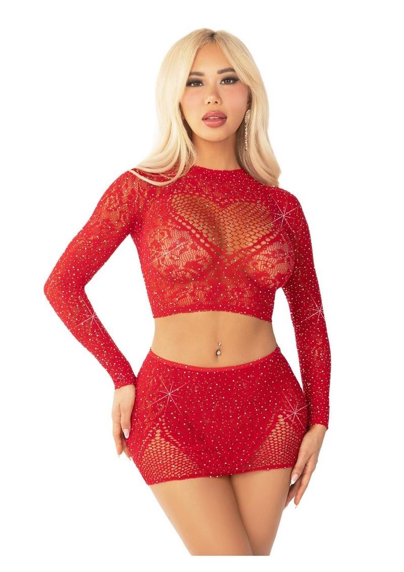 Leg Avenue Rhinestone Lace and Net Crop Top with Heart Keyhole Detail and Mini Skirt