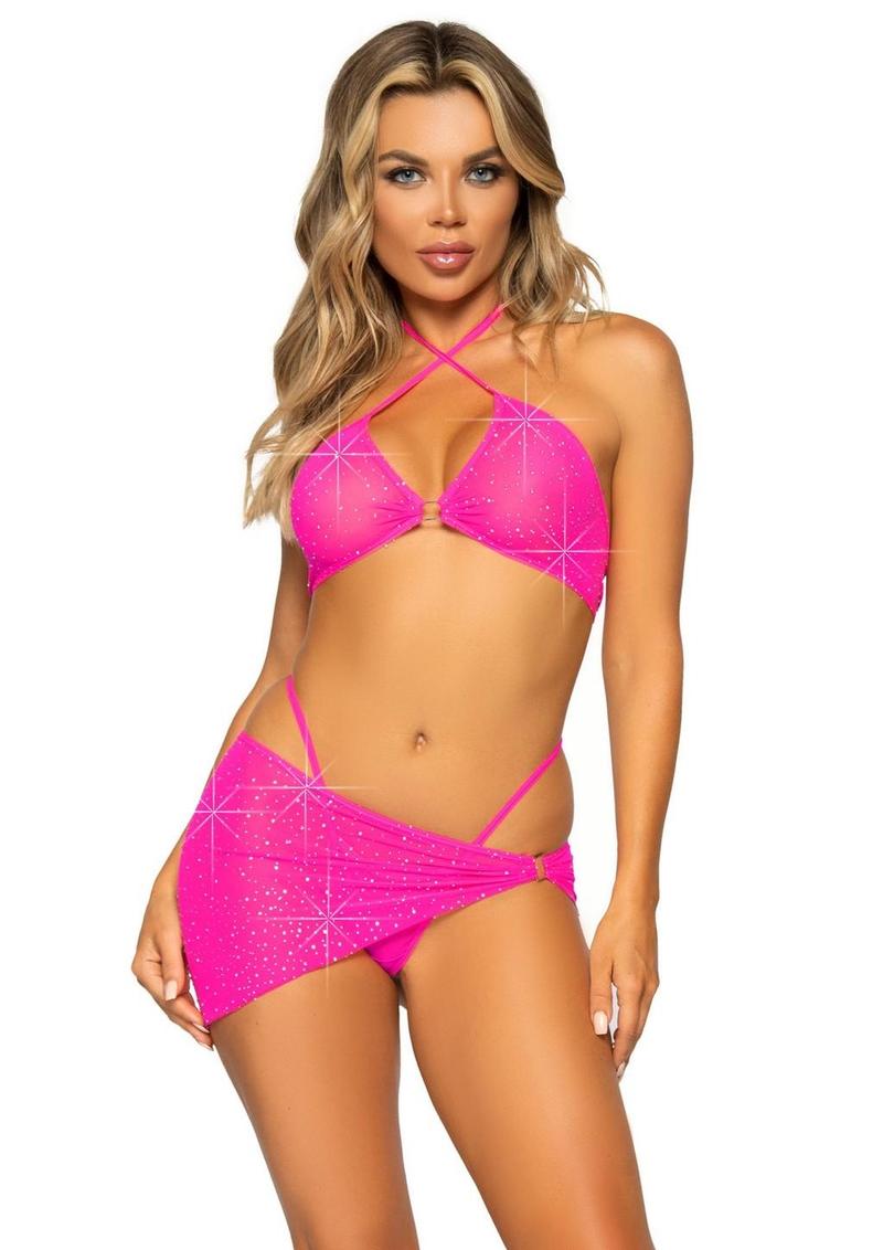 "Leg Avenue Rhinestone Mesh Bra Top with Ring Accent, G-String Panty and Matching Sarong"