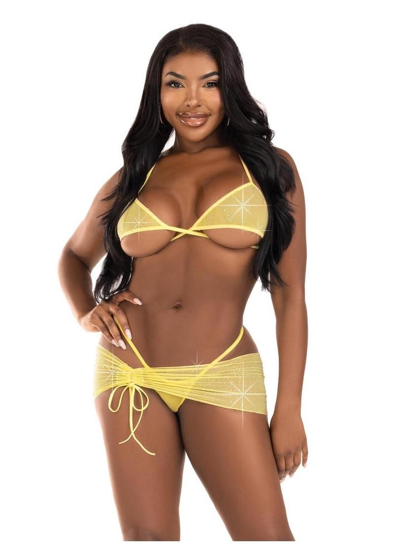 Leg Avenue Rhinestone Mesh Wrap Around Bra Top, G-String Panty, and Ruched Tie Sarong (3 Piece) - Small/Medium - Baby