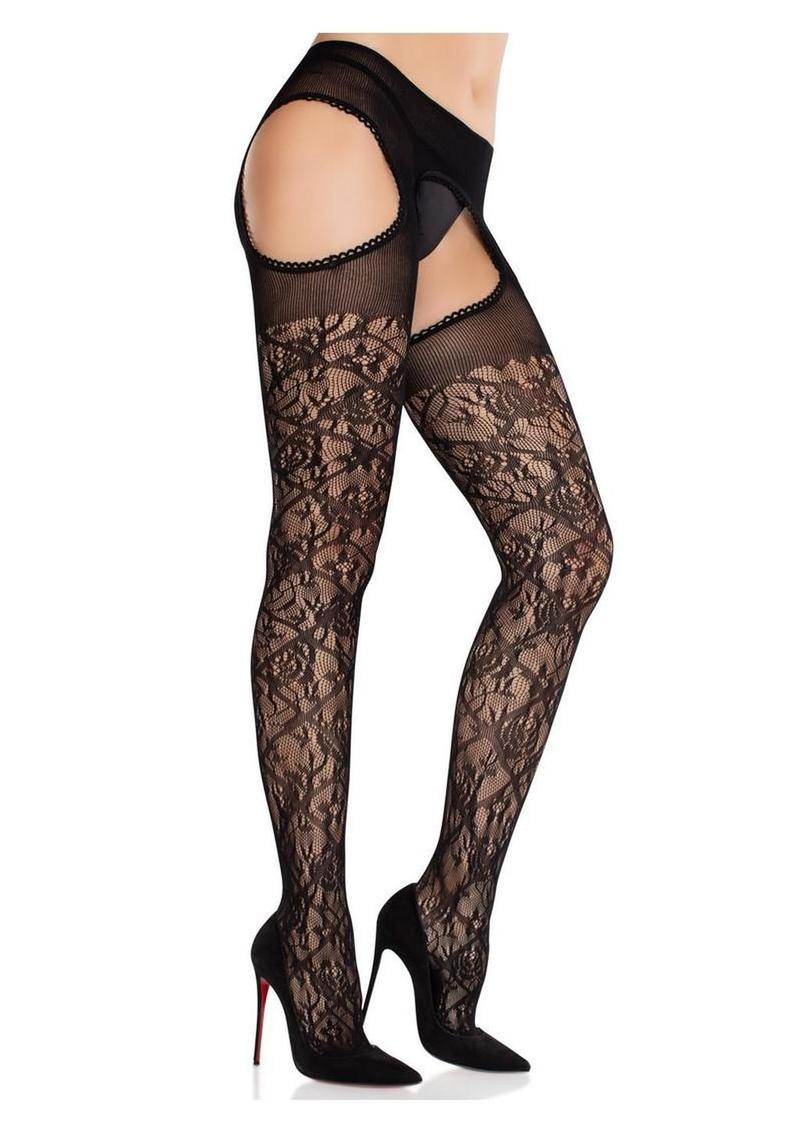 Leg Avenue Scalloped Trimmed Cross Hatch Floral Lace Suspender Hose
