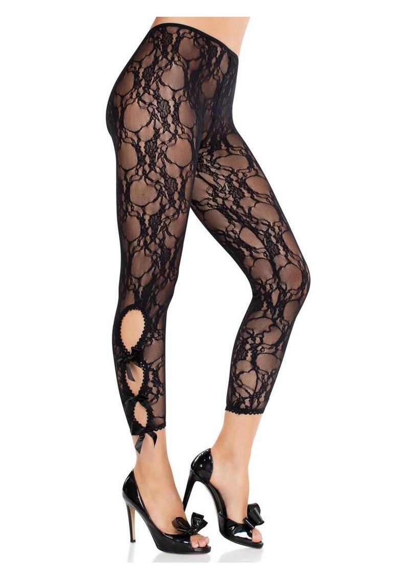 Leg Avenue Scalloped Trimmed Floral Lace Footless Capri Tights with Keyhole Bow Detail
