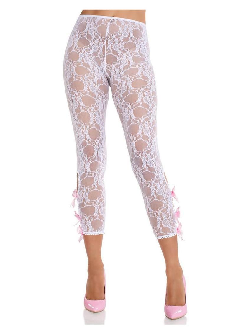 Leg Avenue Scalloped Trimmed Floral Lace Footless Capri Tights with Keyhole Bow Detail