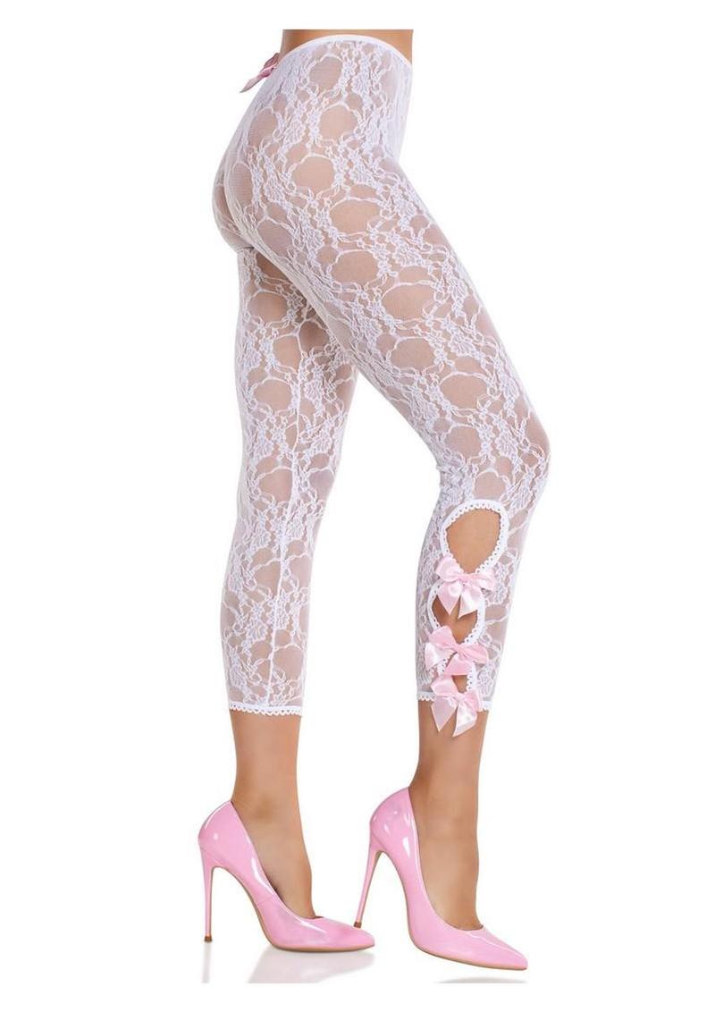 Leg Avenue Scalloped Trimmed Floral Lace Footless Capri Tights with Keyhole Bow Detail