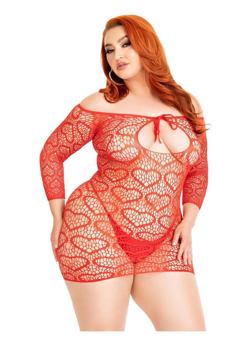 Leg Avenue Seamless Heart Net Mini Dress with Keyhole Tie Front