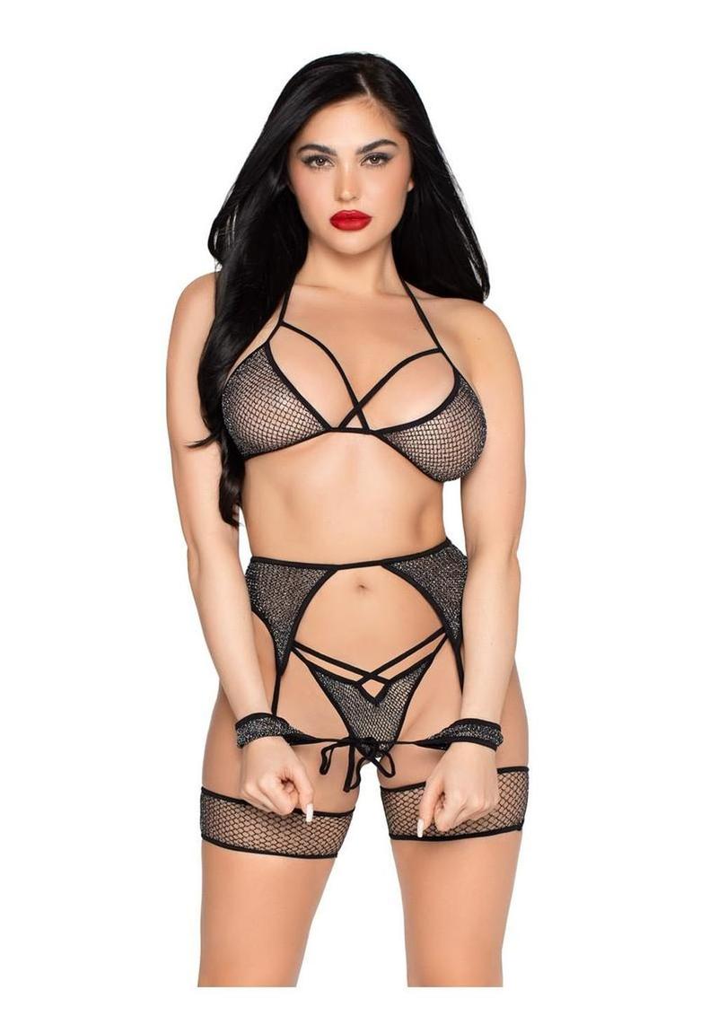 "Leg Avenue Shimmer Net Bra Top, G-String Panty, Garter Harness and Wrist Ties"