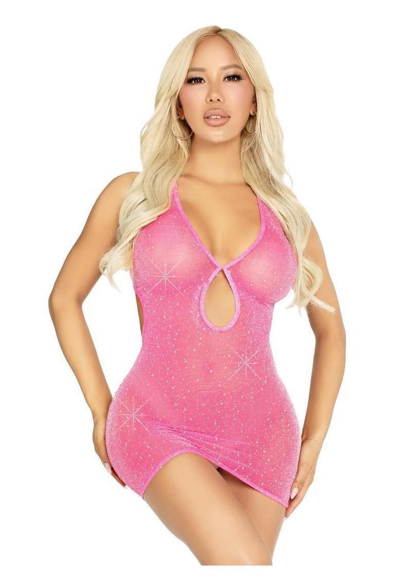 Leg Avenue Shimmer Sheer Lurex Rhinestone Keyhole Halter Dress