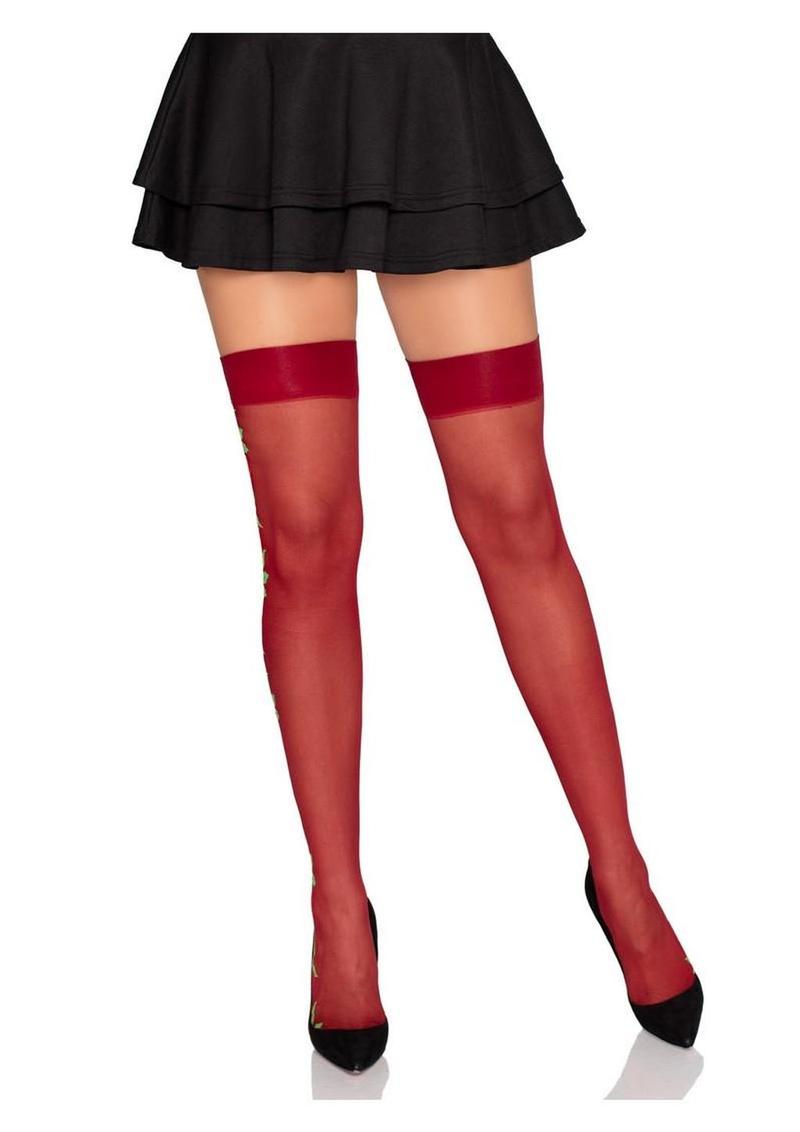 Leg Avenue Spandex Sheer Thigh Highs with Embroidered Rose Side Detail
