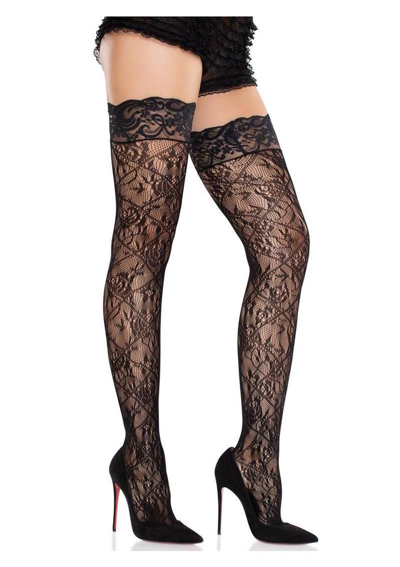 Leg Avenue Stay-Up Lace Top Cross Hatch Floral Lace Thigh Highs