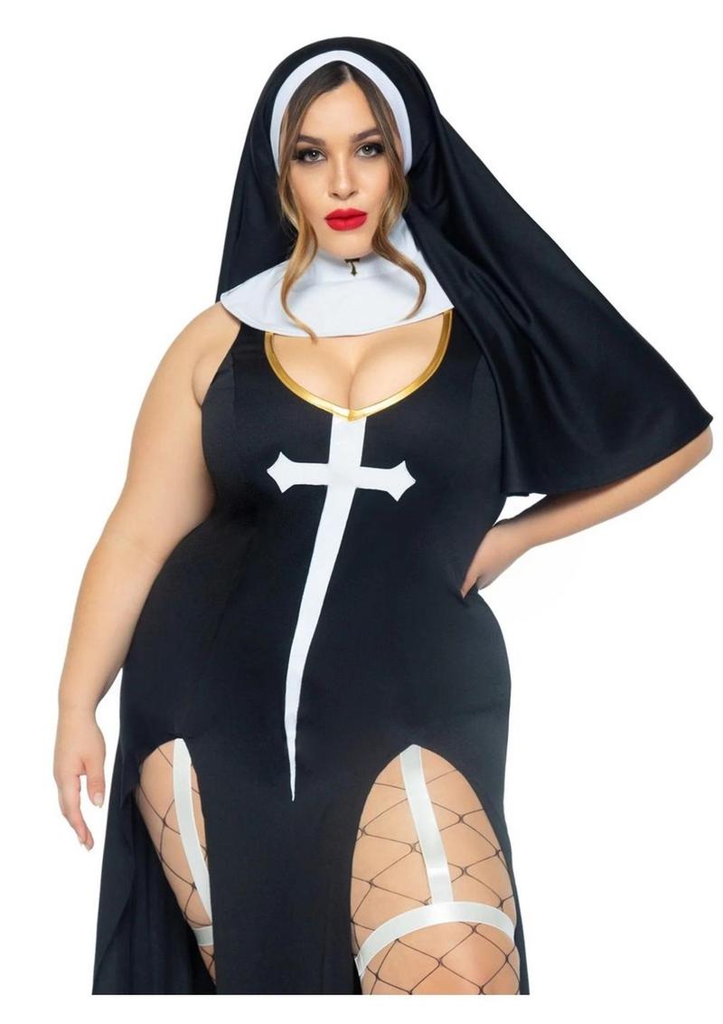 "Leg Avenue Sultry Sinner Dual Slit Garter Dress with Vinyl Cross Detail, Vinyl Collar, and Nun Habit"