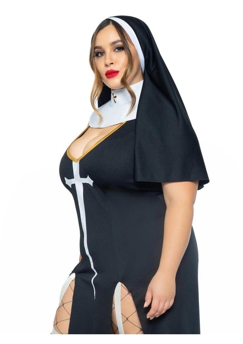 "Leg Avenue Sultry Sinner Dual Slit Garter Dress with Vinyl Cross Detail, Vinyl Collar, and Nun Habit"