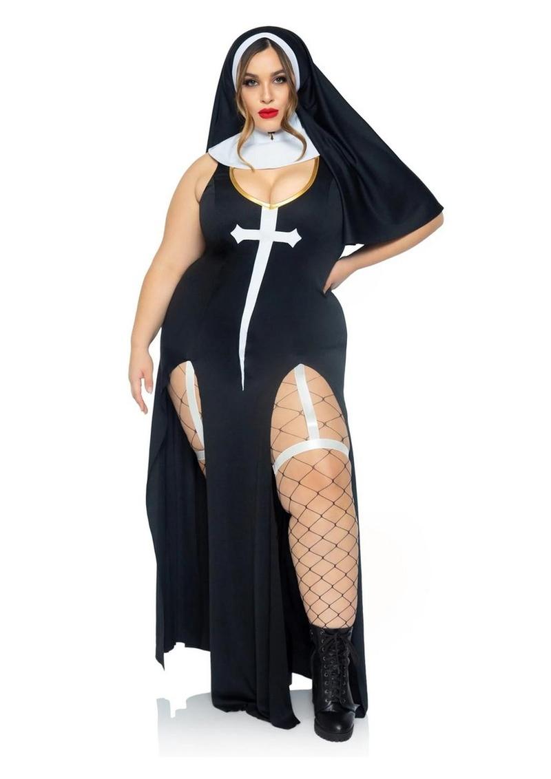 "Leg Avenue Sultry Sinner Dual Slit Garter Dress with Vinyl Cross Detail, Vinyl Collar, and Nun Habit"