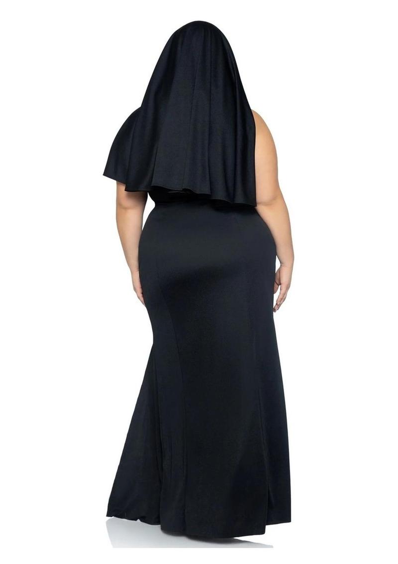 "Leg Avenue Sultry Sinner Dual Slit Garter Dress with Vinyl Cross Detail, Vinyl Collar, and Nun Habit"