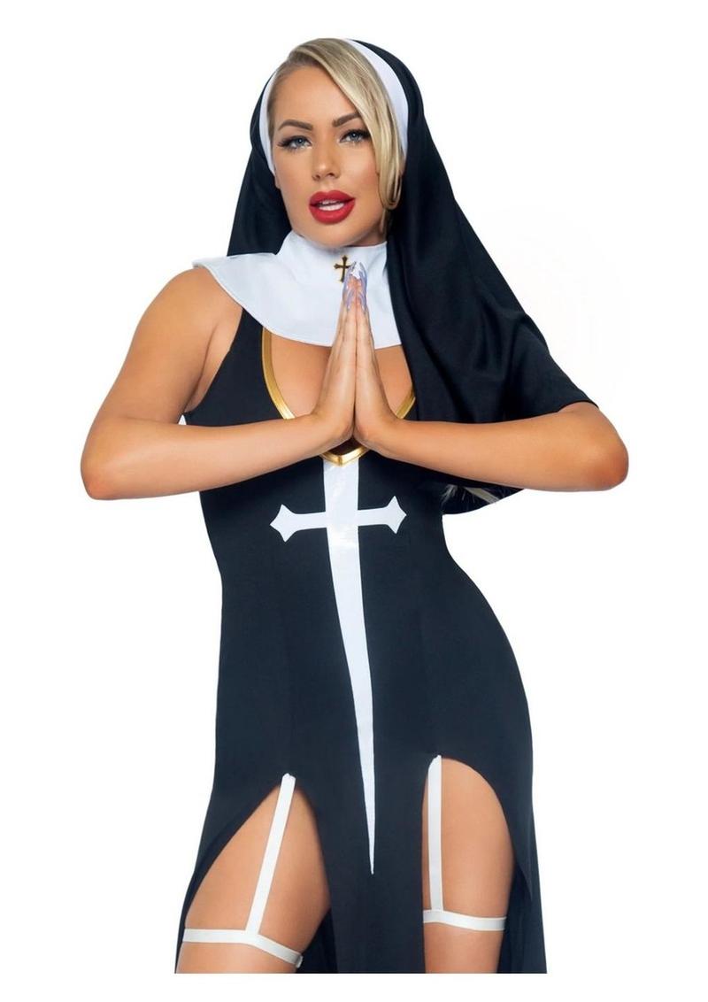 "Leg Avenue Sultry Sinner Dual Slit Garter Dress with Vinyl Cross Detail, Vinyl Collar, and Nun Habit"