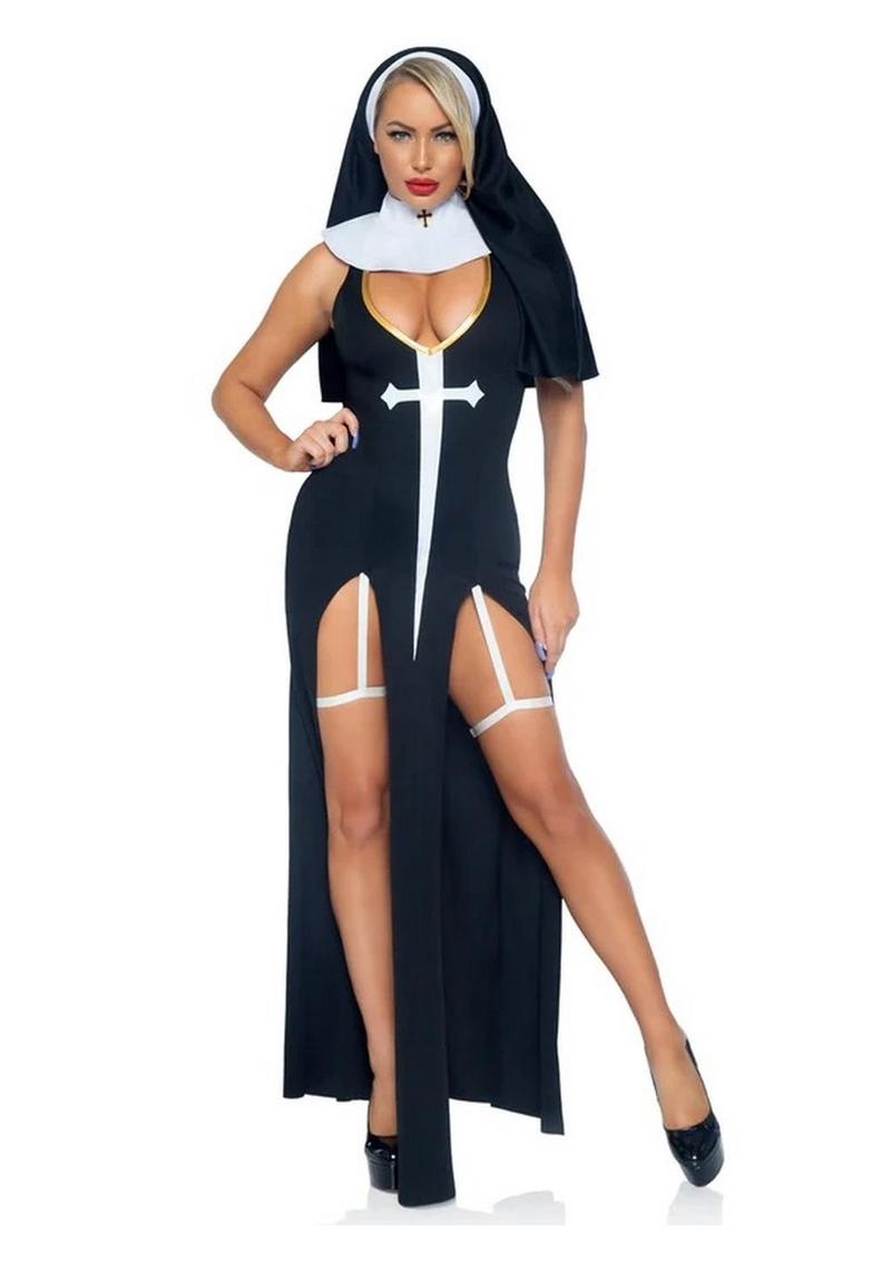 "Leg Avenue Sultry Sinner Dual Slit Garter Dress with Vinyl Cross Detail, Vinyl Collar, and Nun Habit"