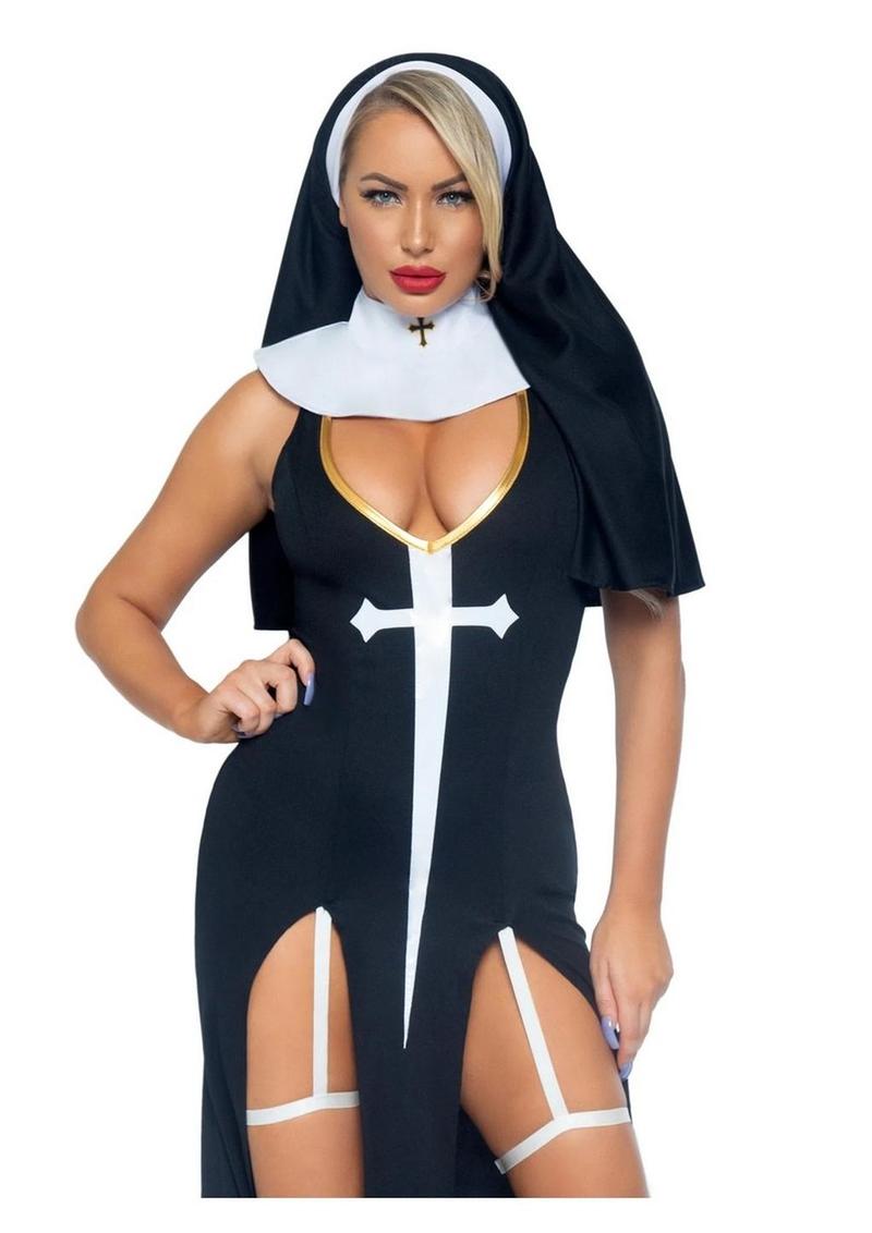 "Leg Avenue Sultry Sinner Dual Slit Garter Dress with Vinyl Cross Detail, Vinyl Collar, and Nun Habit"