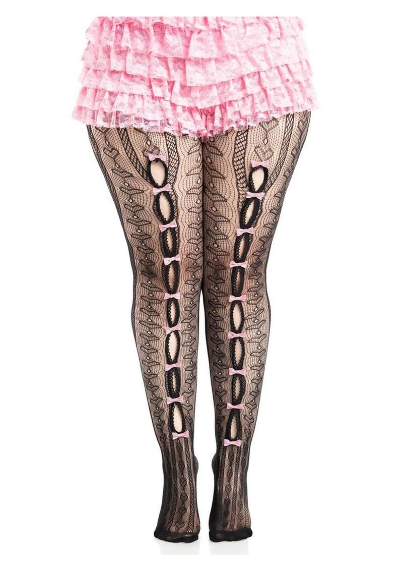 Leg Avenue Sweetheart Striped Net Tights with Keyhole - 1x-2x