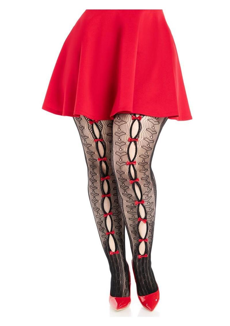 Leg Avenue Sweetheart Striped Net Tights with Keyhole - 1x-2x