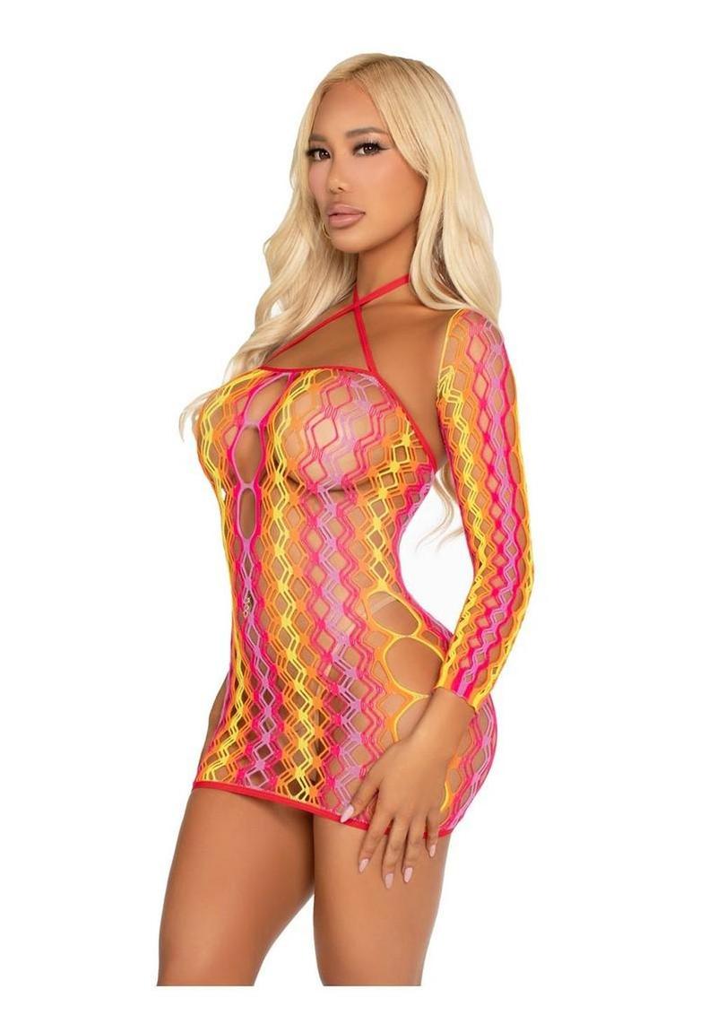 Leg Avenue Zig Zag Net Twist Halter Mini Dress with Keyhole Detail and Shrug