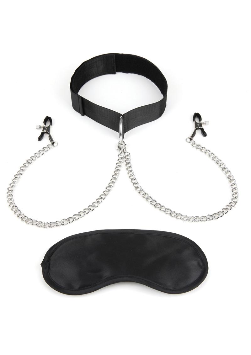Lux Fetish Collar and Nipple Clamps with Adjustable Clamps