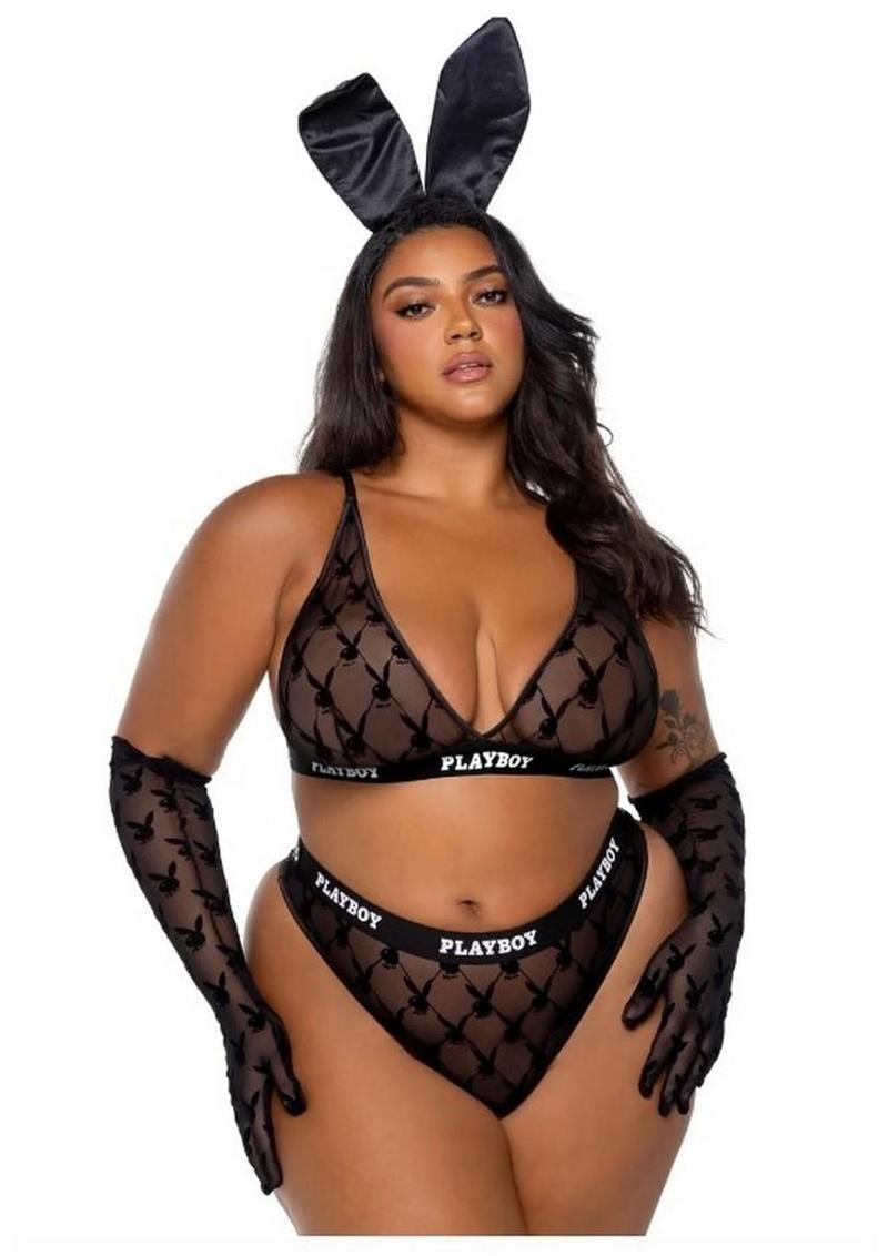 Playboy Flocked Bunny Bra Set - 1xlarge