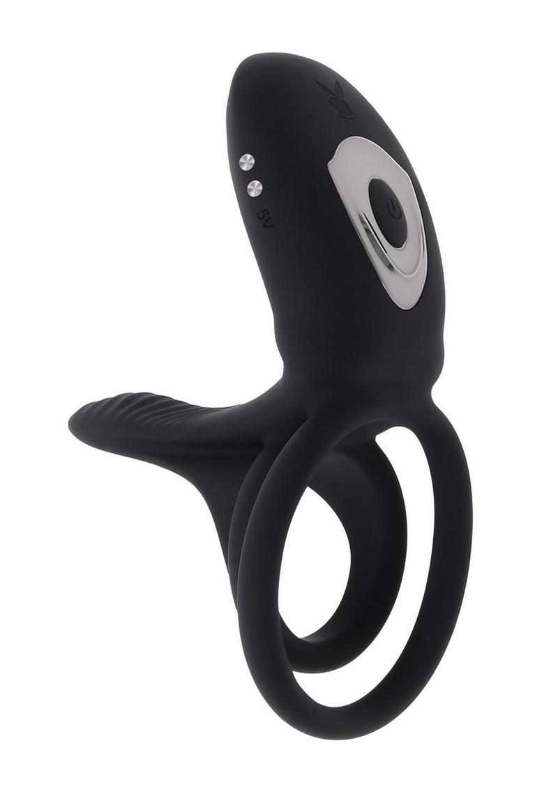 Playboy Just Right Rechargeable Silicone Dual Vibrating Cock Ring with Clitoral Stimulator