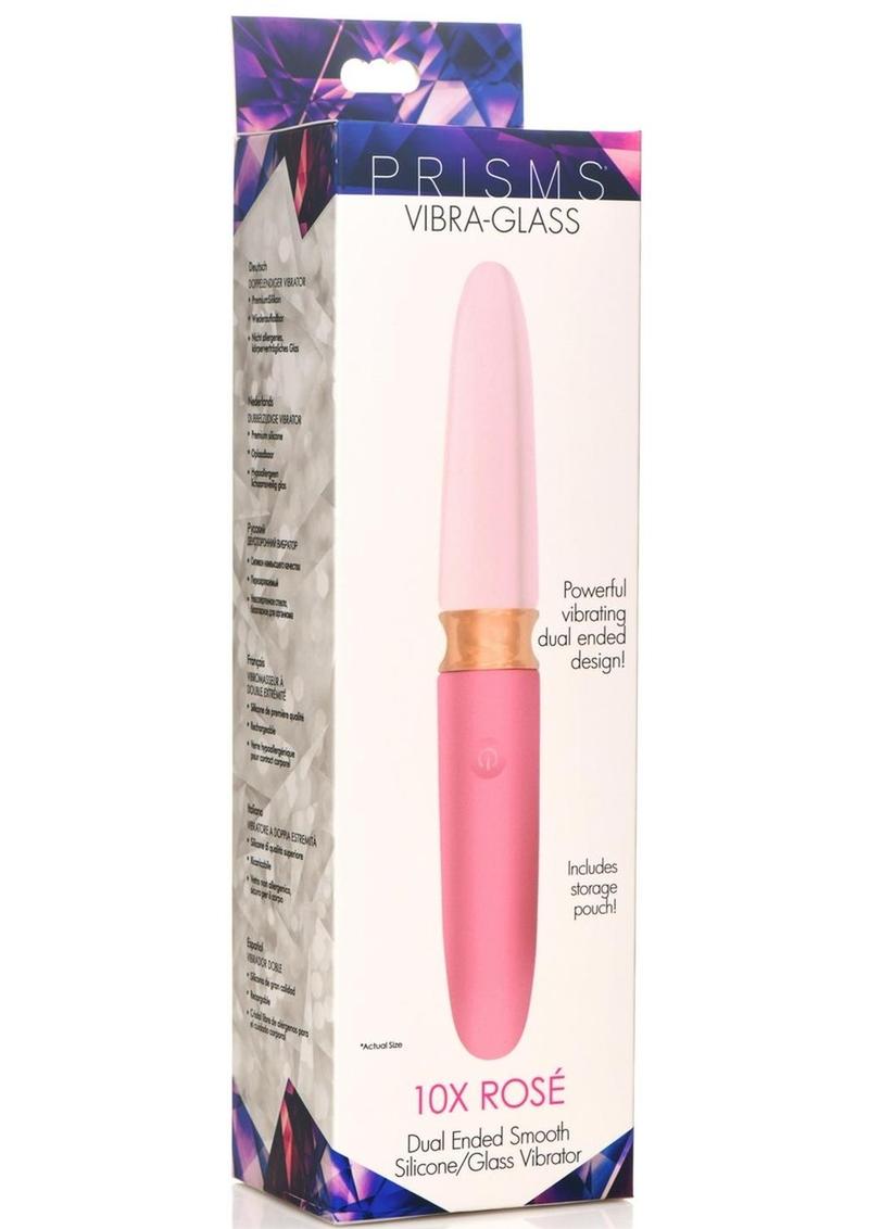 Prisms Vibra-Glass 10x Rose Dual End Rechargeable Silicone/Glass Vibrating Dildo