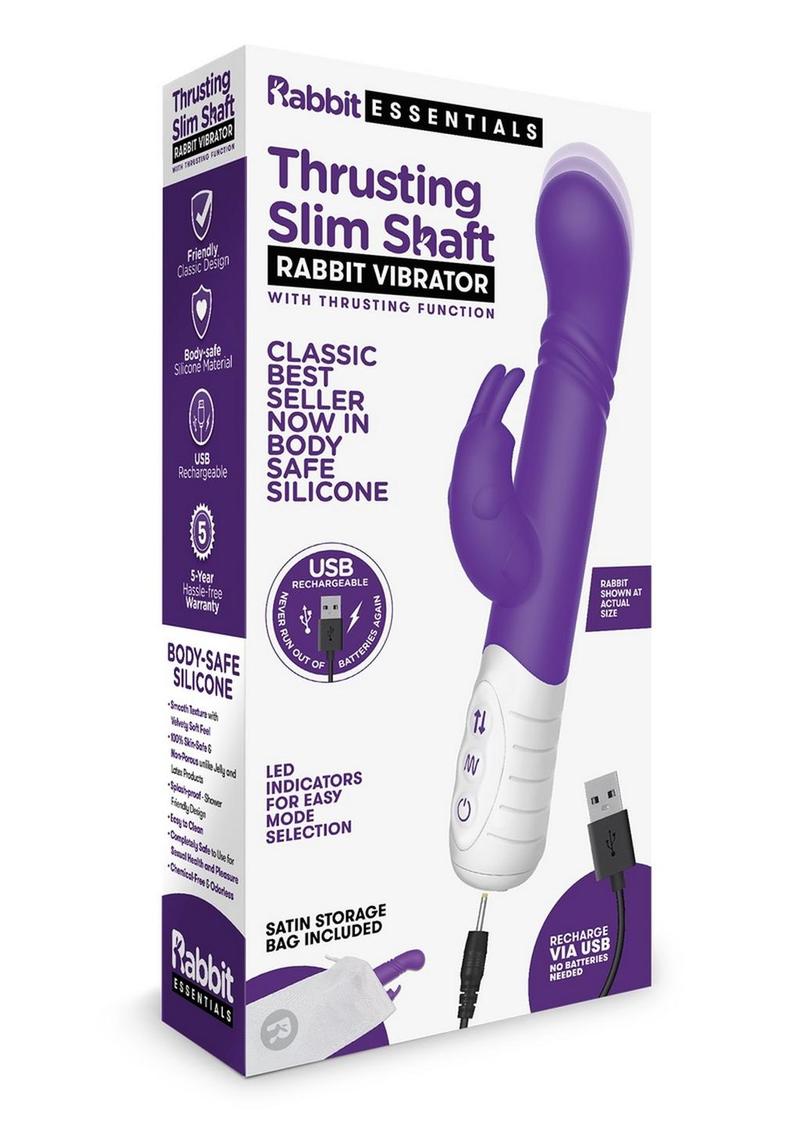 Rabbit Essentials Silicone Rechargeable Slim Shaft Thrusting G-Spot Rabbit Vibrator