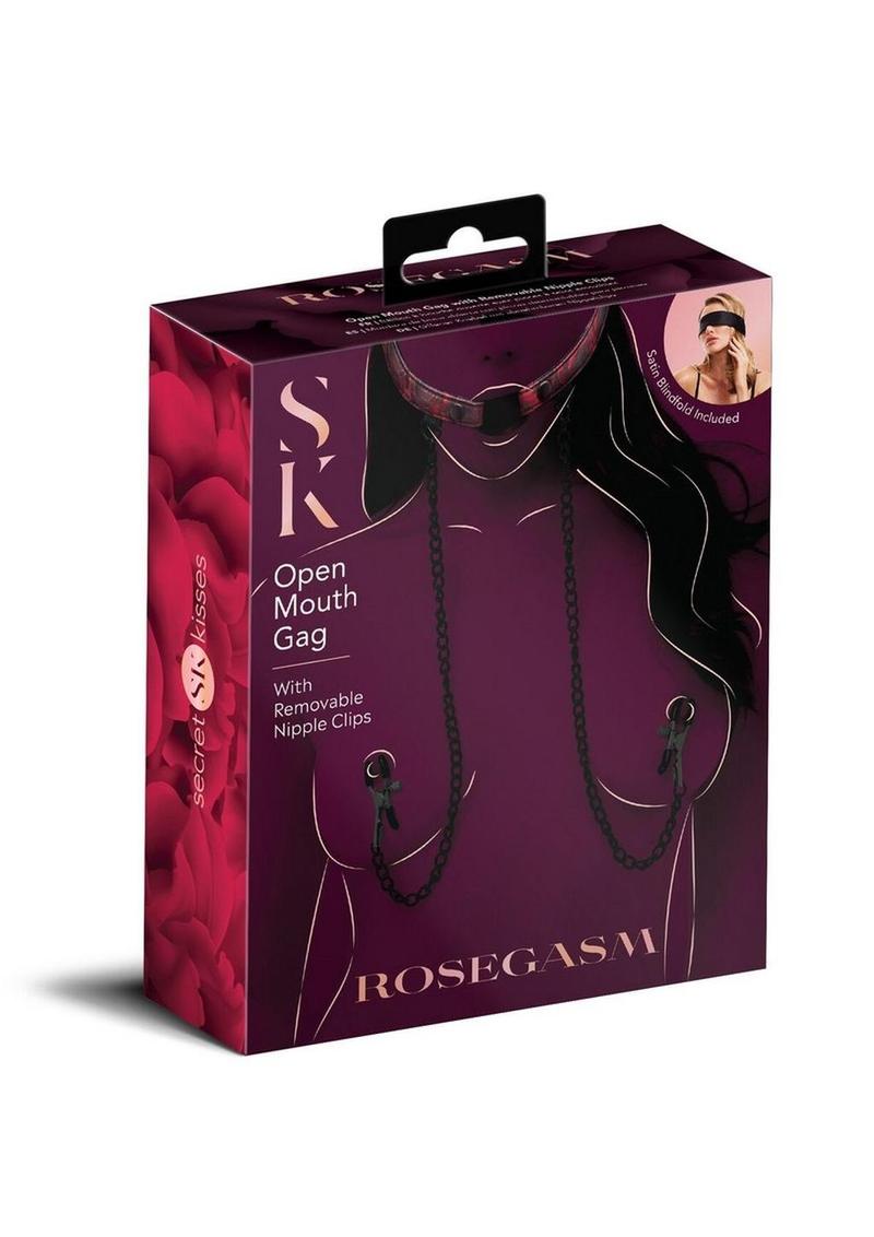 Secret Kisses Rosegasm Open Mouth Gag with Nipple Clips and Satin Blindfold
