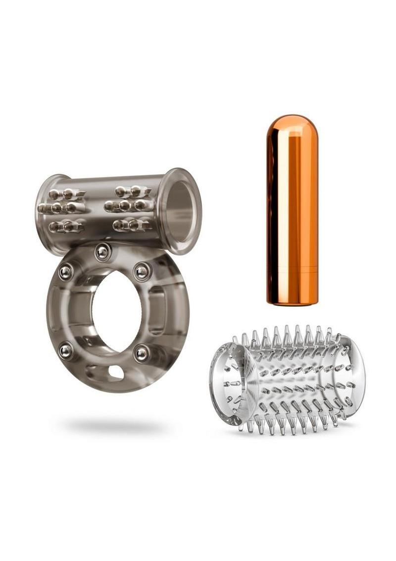 Stay Hard Vibrating Rechargeable Clitoral Stimulating Cock Ring Set with Spiked Sleeve