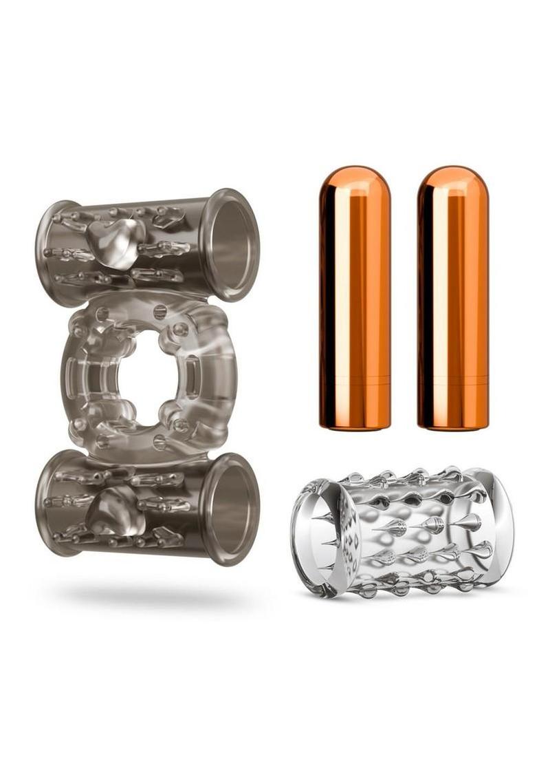 Stay Hard Vibrating Rechargeable Cock Ring Set with Sleeve and 2 Bullets